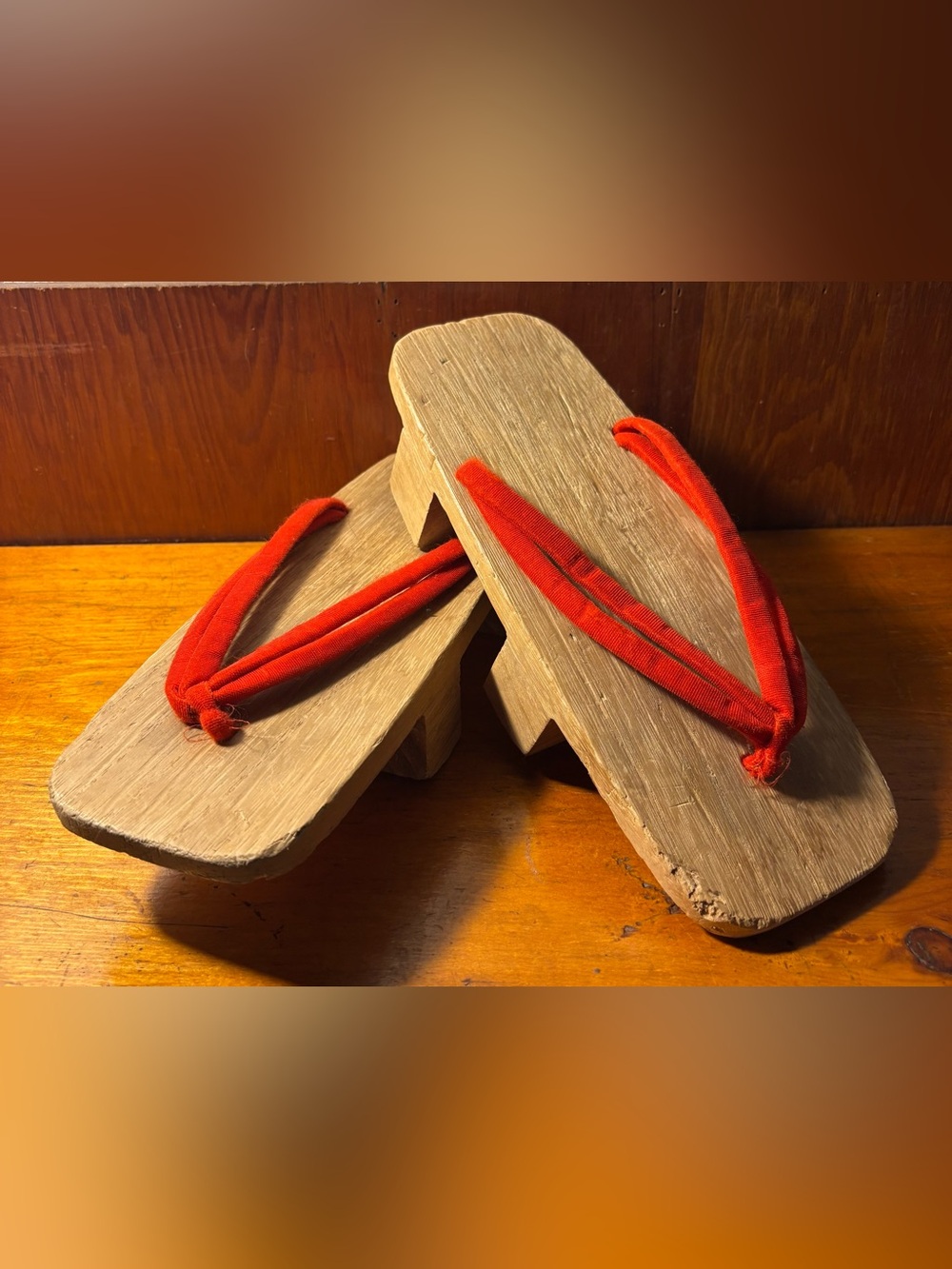 VINTAGE Wooden Geta Sandals with Red Fabric Thongs